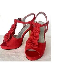 Hot Tomato Women's Open Toe Heels Pumps Ruffles Red Pre-Owned 9M
